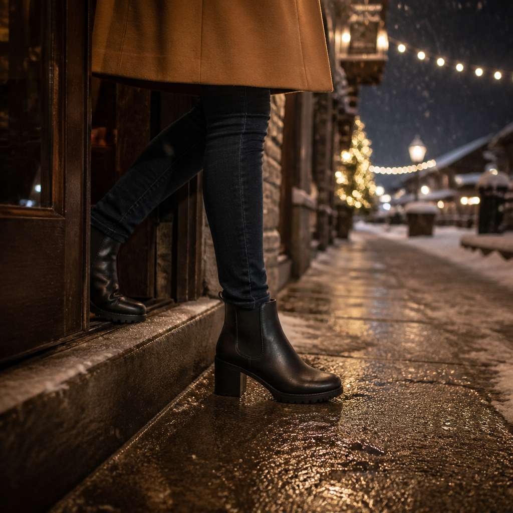 Black waterproof heeled lug-sole Chelsea boots on a snowy sidewalk at night