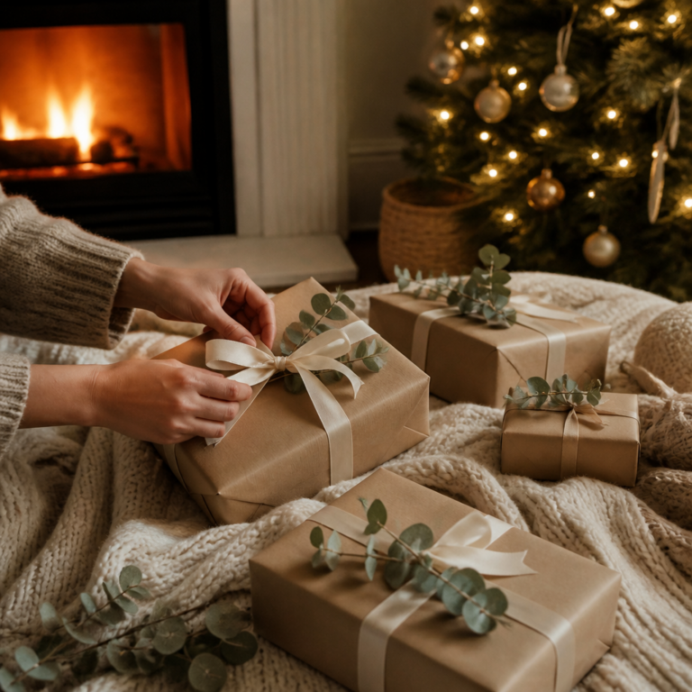 Woman's hands tying a cream silk ribbon on wrapped Christmas gifts by the fireplace