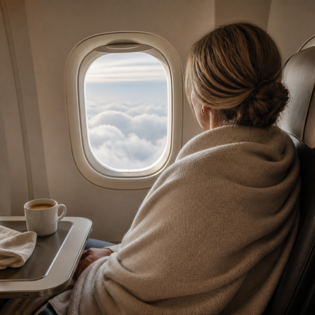 Woman wrapped in an oatmeal cashmere travel wrap by an airplane window
