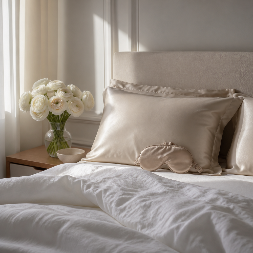 Champagne mulberry silk pillowcases and a silk sleep mask on a white bed