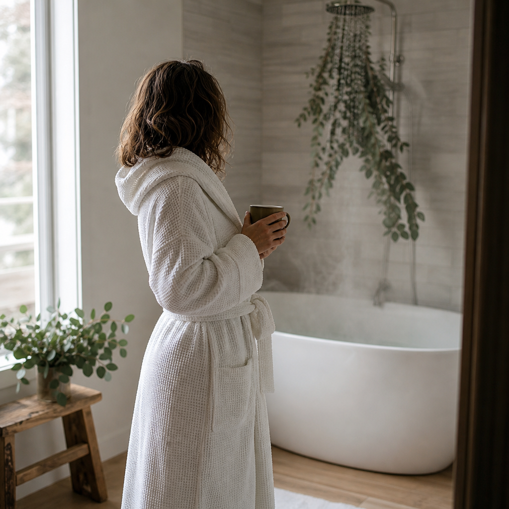 Woman in a plush white waffle bathrobe in a spa-like bathroom