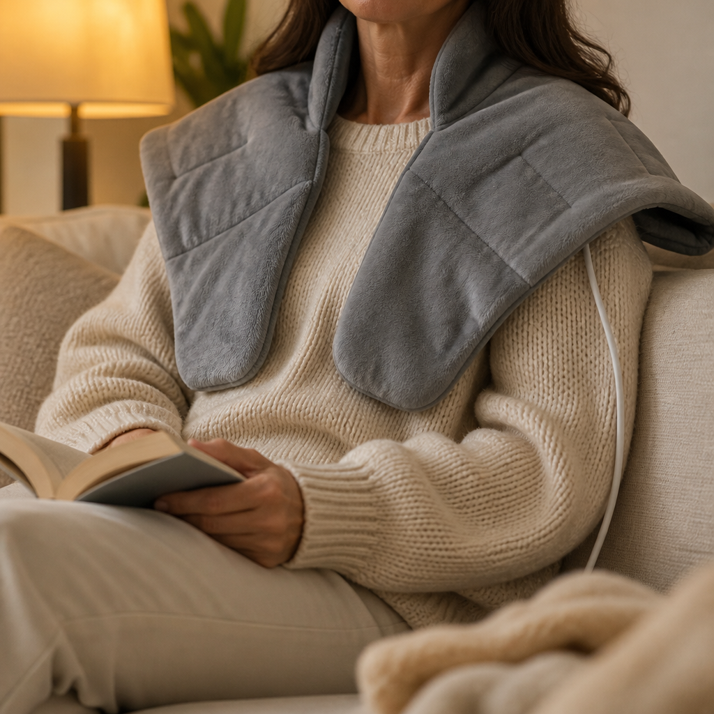 Woman relaxing on a sofa with a gray heated neck and shoulder wrap