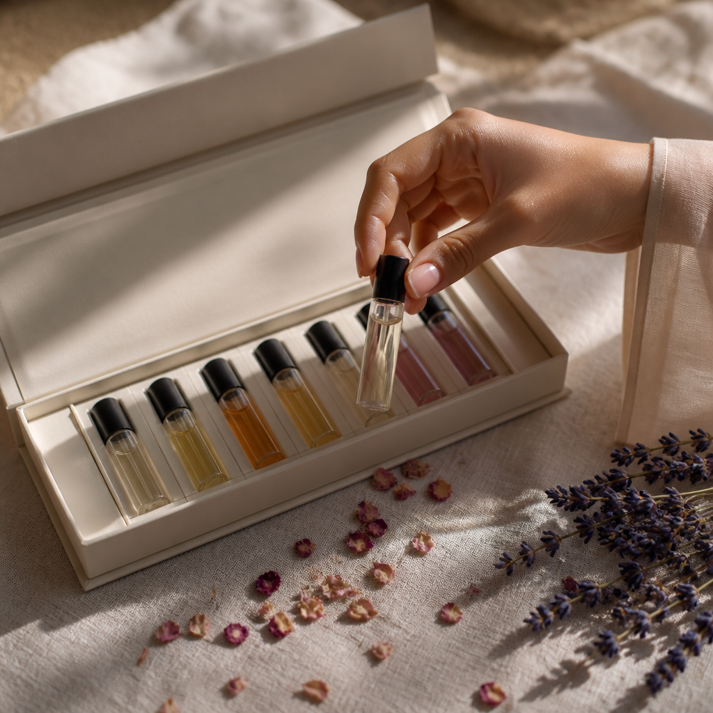 Fragrance discovery set of small glass perfume vials in a cream box