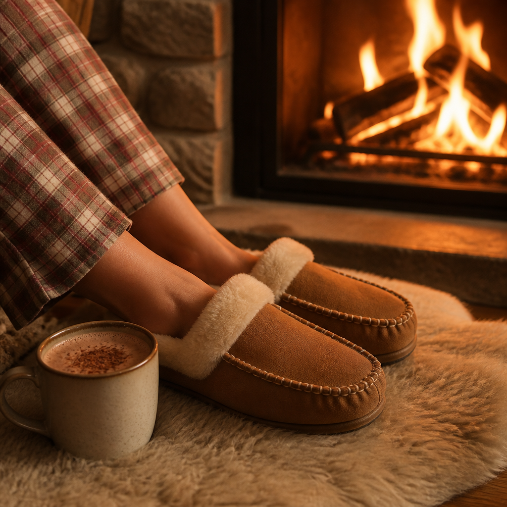 Feet in tan suede shearling slippers on a sheepskin rug by the fire