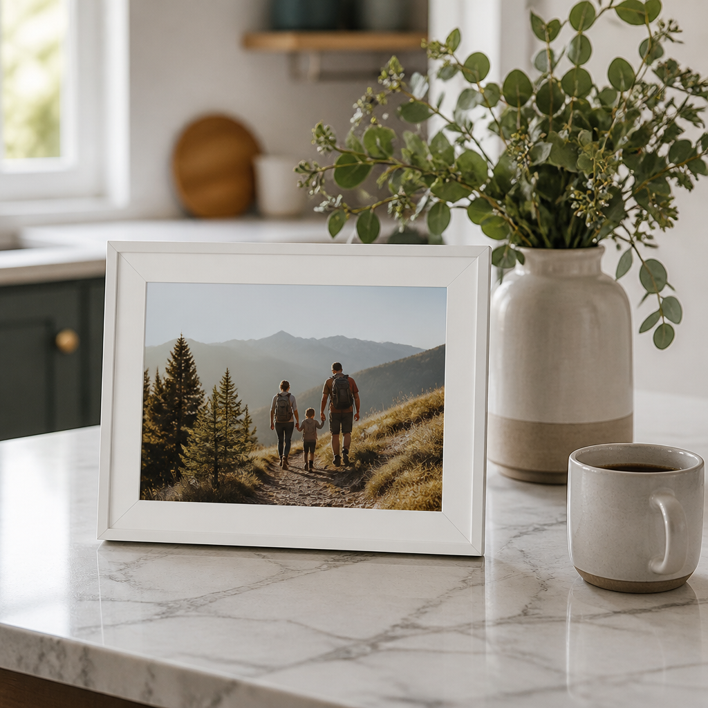 Digital photo frame showing a family mountain photo on a kitchen counter