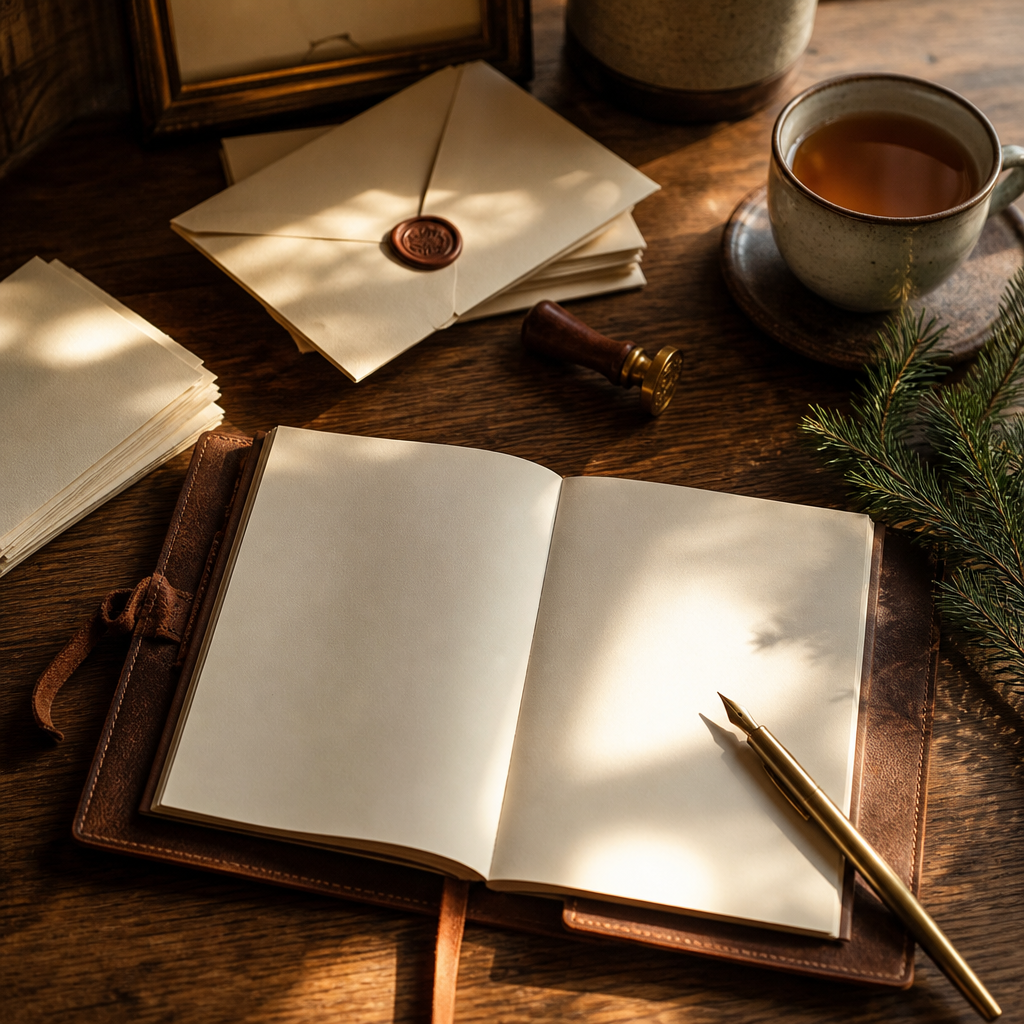 Open leather journal with a brass pen and wax-sealed stationery on a desk