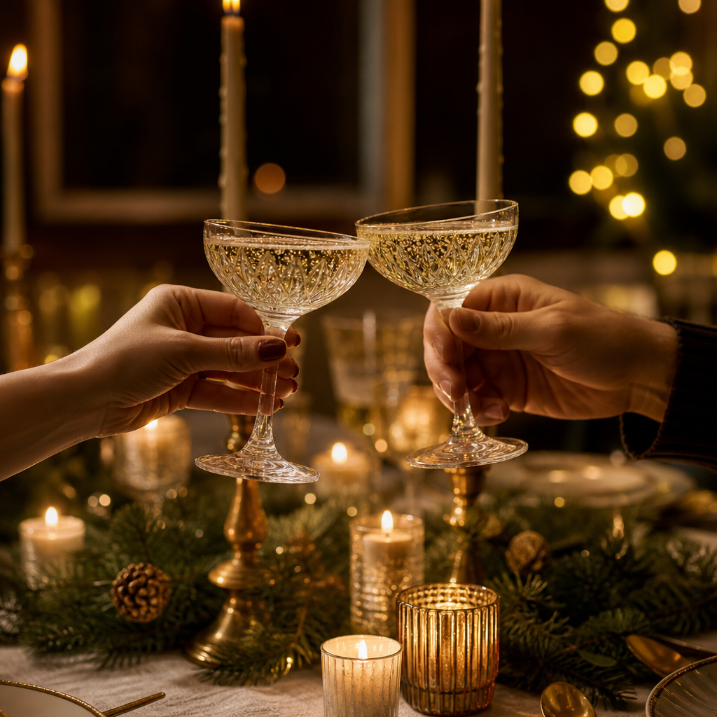 Two crystal champagne coupes clinking over a candlelit holiday table