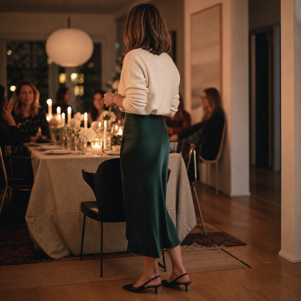 Woman in an emerald satin midi skirt and cream cashmere sweater at a dinner party