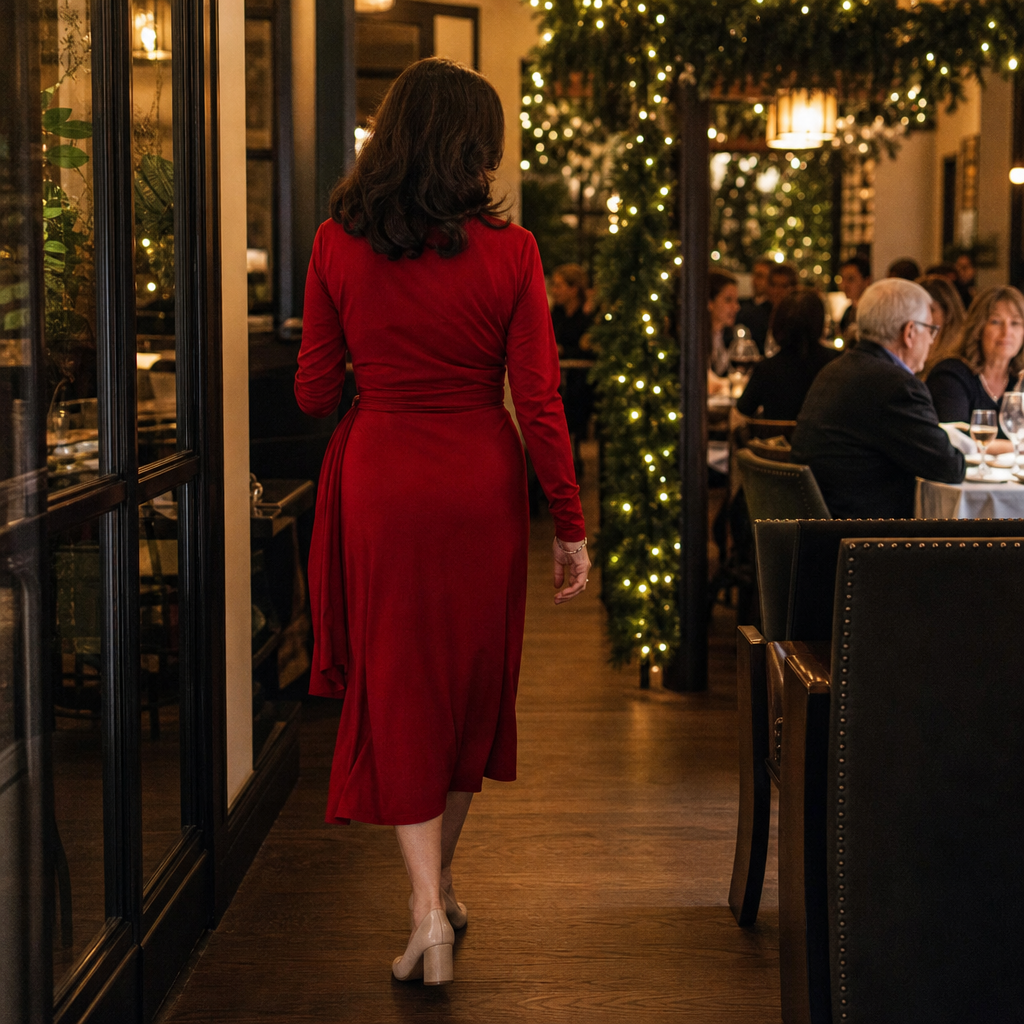 Woman in a ruby red long-sleeve wrap midi dress in a festive restaurant