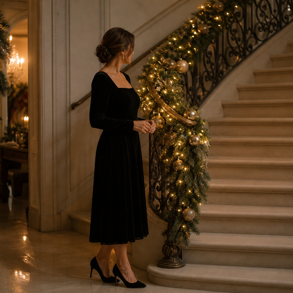 Woman in a black velvet midi dress with pearl earrings by a garland staircase