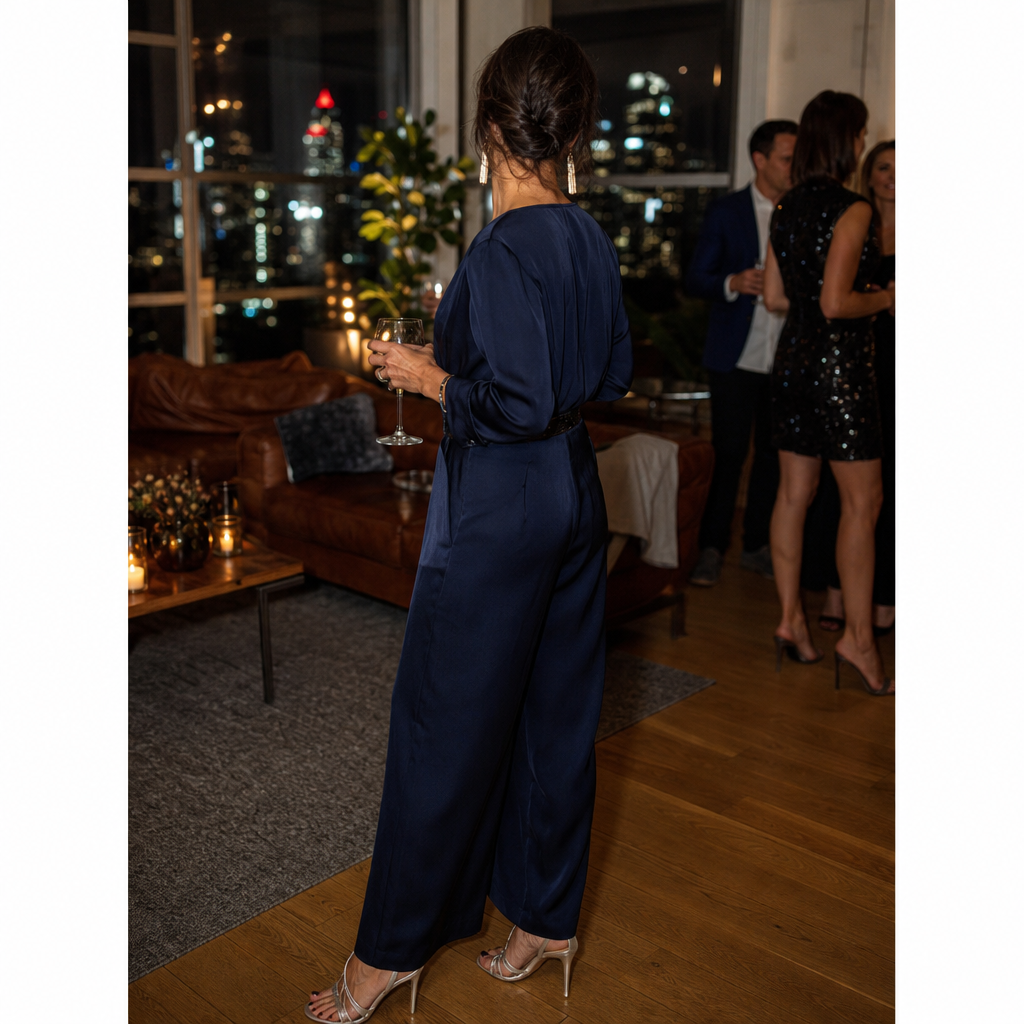 Woman in a midnight navy wide-leg jumpsuit at an evening holiday party