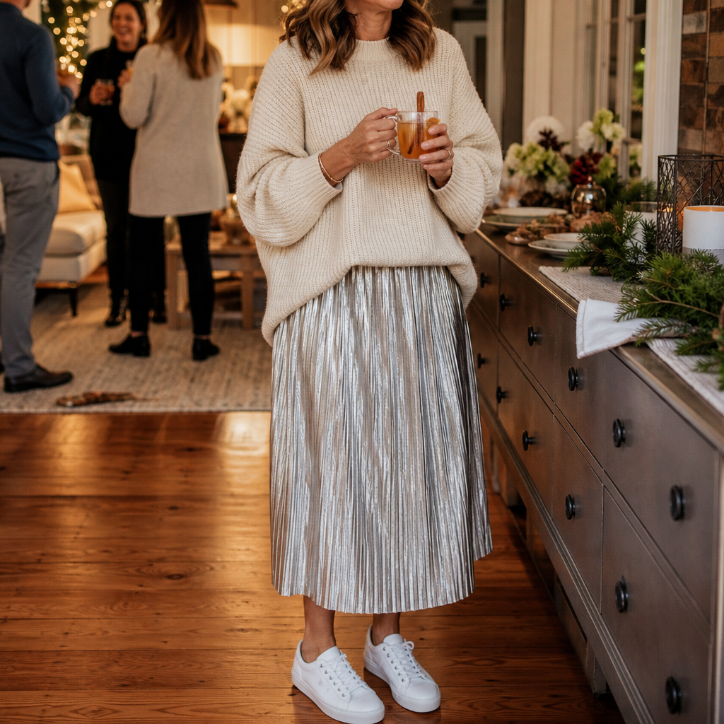 Woman in a silver metallic pleated skirt, chunky knit and sneakers at a casual holiday party