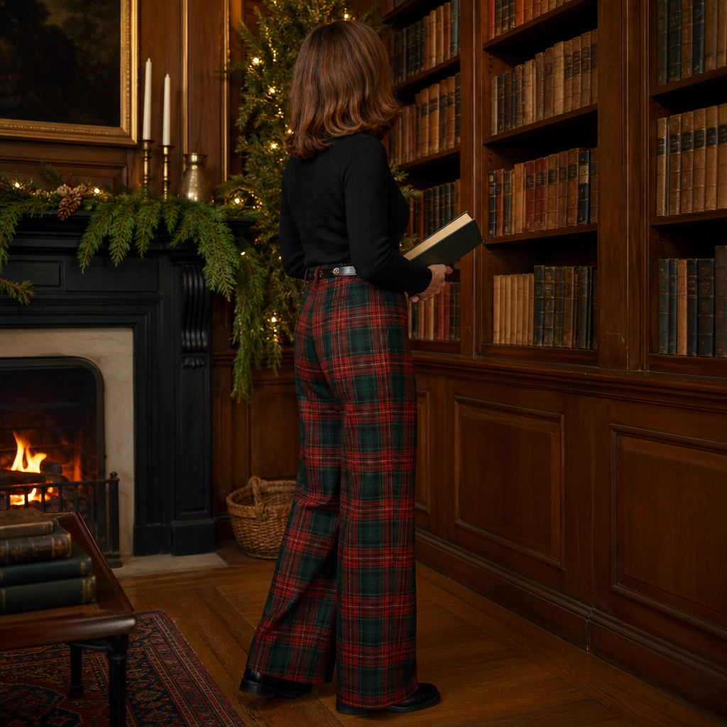 Woman in tartan plaid wide-leg trousers and a black turtleneck in a festive library