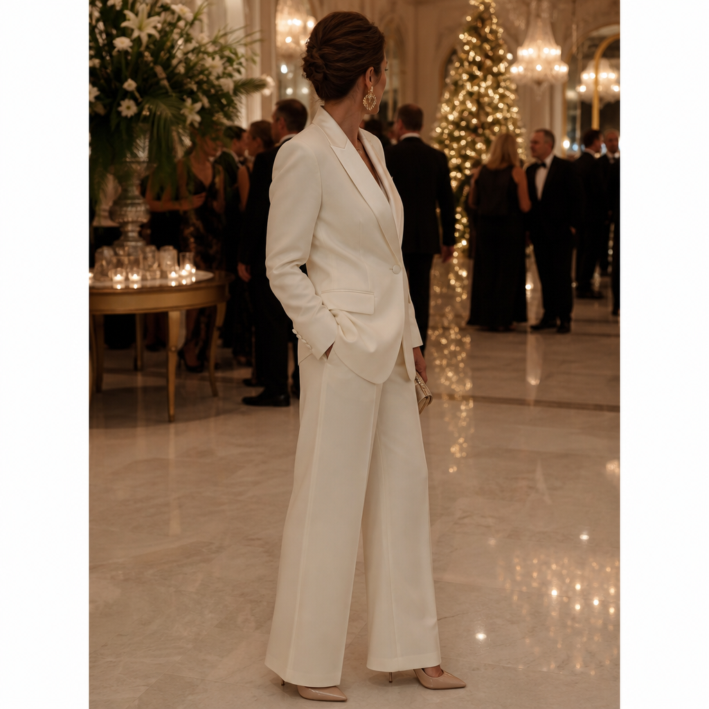 Woman in an ivory tuxedo pantsuit at an elegant holiday gala