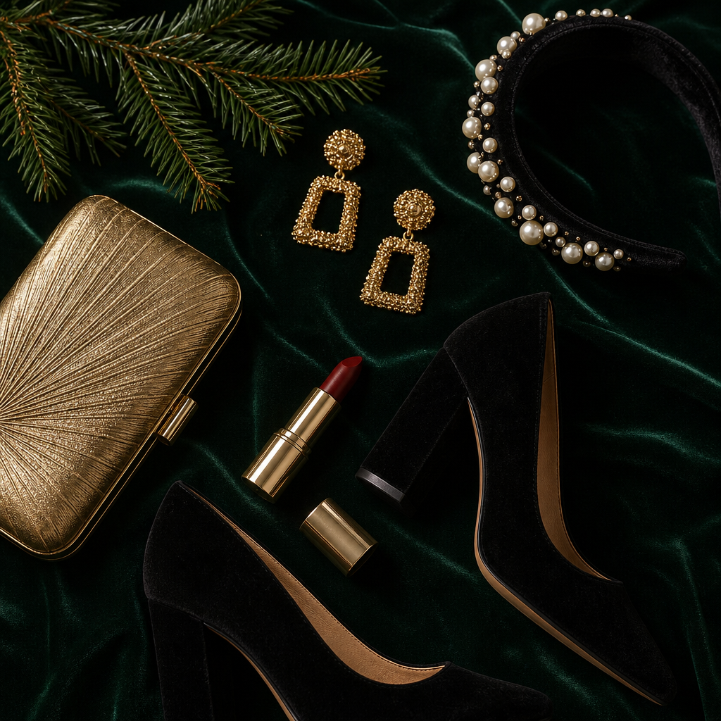Flat lay of gold earrings, pearl velvet headband, gold clutch and velvet block heels