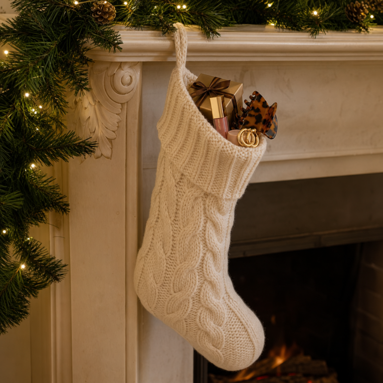Cream knit stocking on a mantel filled with small beauty and jewelry gifts