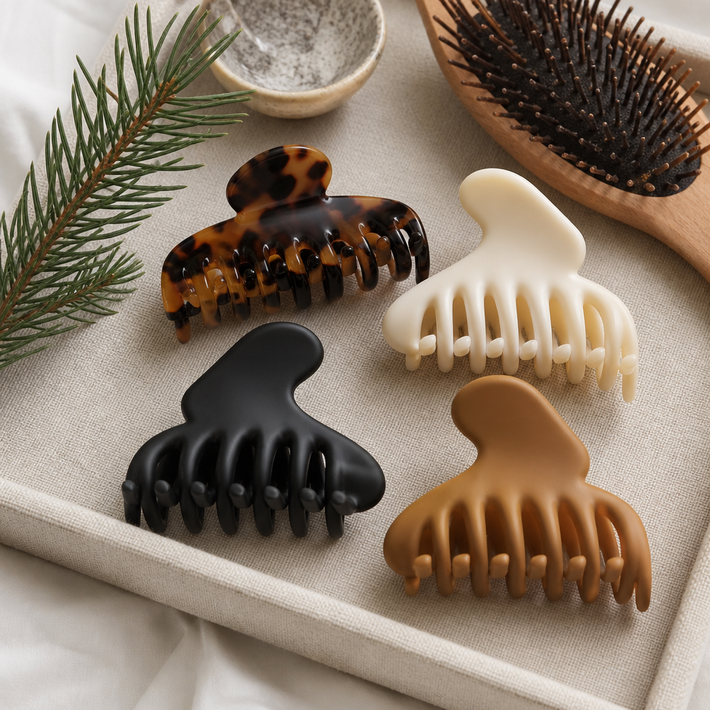 Set of tortoiseshell, cream, black and caramel claw clips on a linen tray