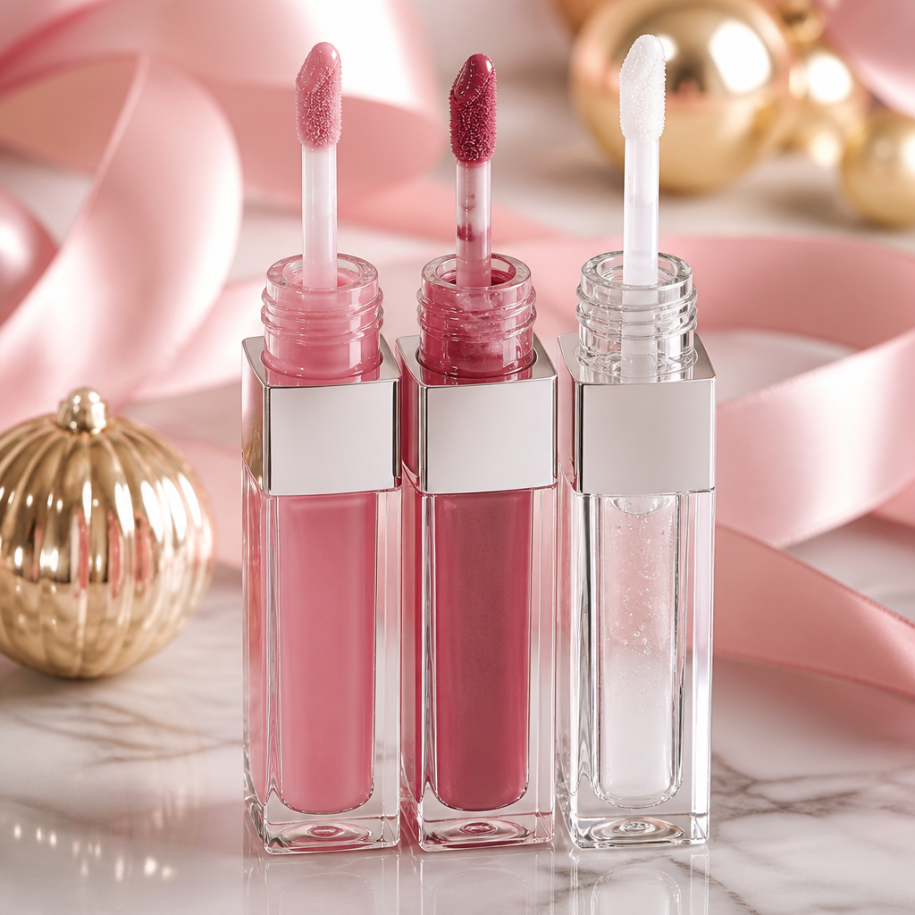 Three tinted lip oil tubes on marble with holiday ribbon