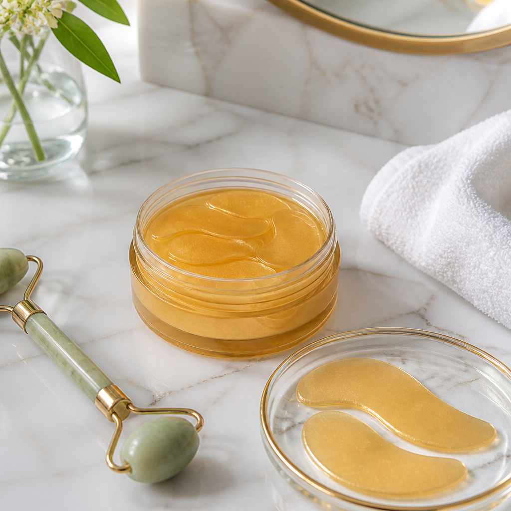 Gold under-eye gel patches with a jade roller on a marble counter