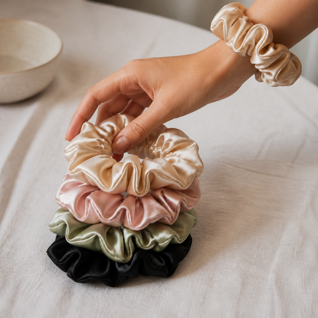 Stack of champagne, blush, sage and black silk scrunchies