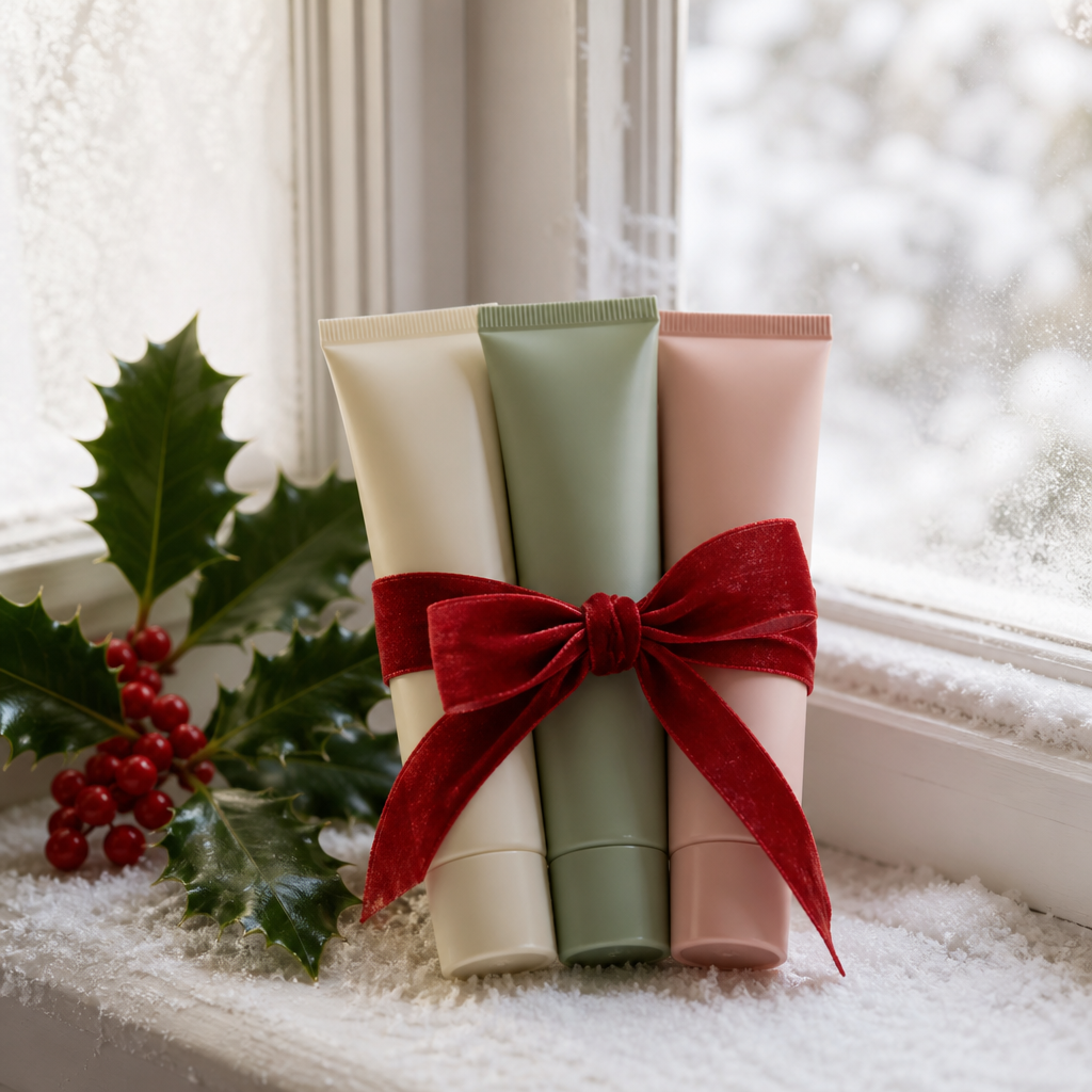 Three hand cream tubes tied with red velvet ribbon on a snowy windowsill