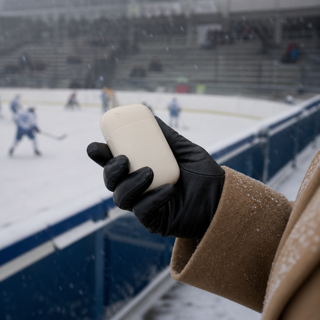 Gloved hand holding a cream rechargeable hand warmer at a snowy hockey rink