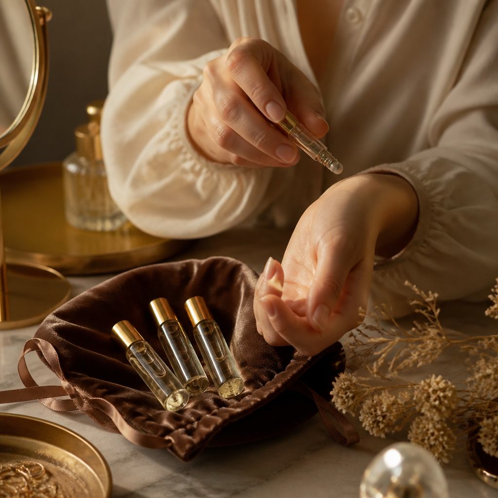 Glass rollerball perfume vials with gold caps in a velvet pouch
