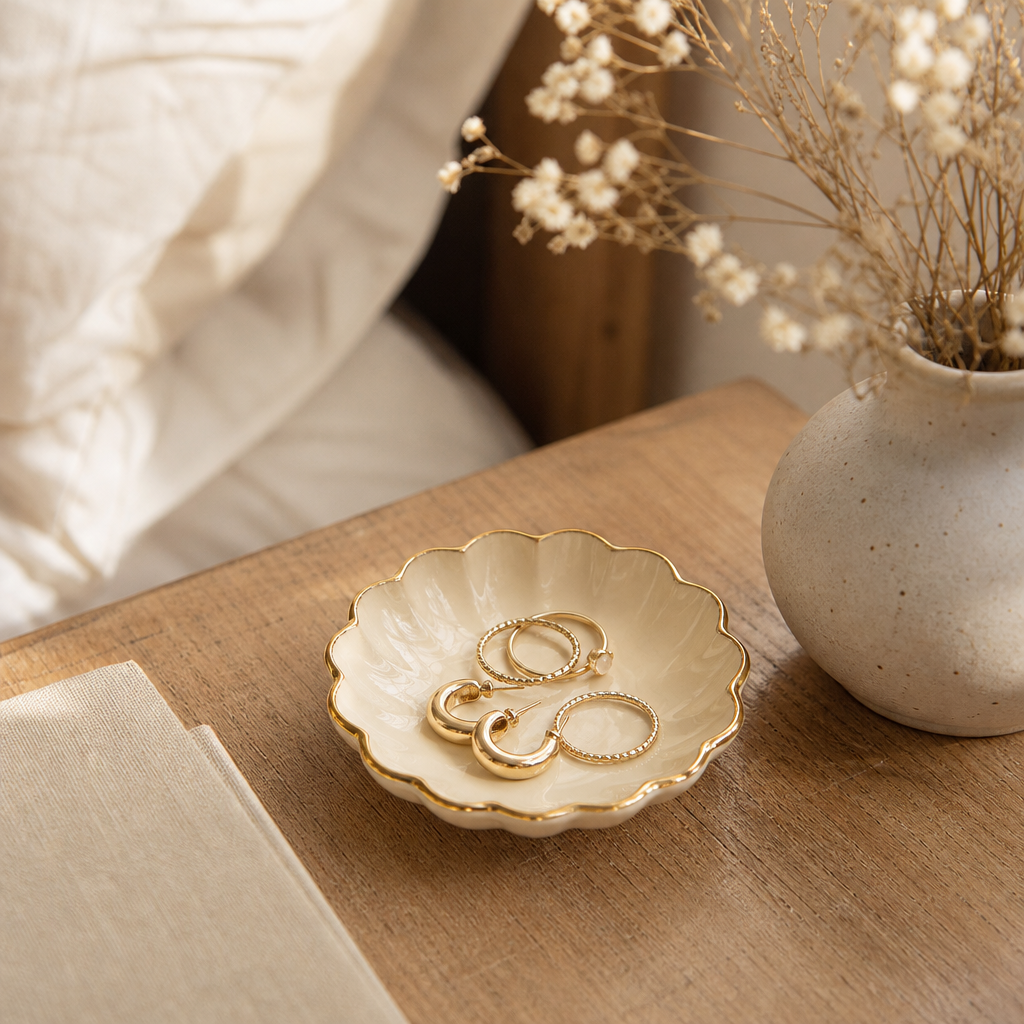 Scalloped cream ceramic jewelry dish with gold rings and hoops on a nightstand