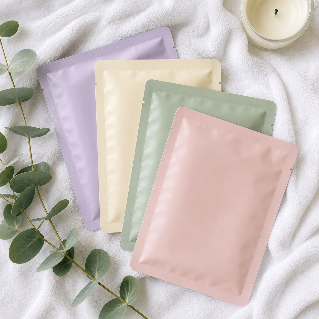 Fan of pastel sheet mask packets on a white towel with eucalyptus