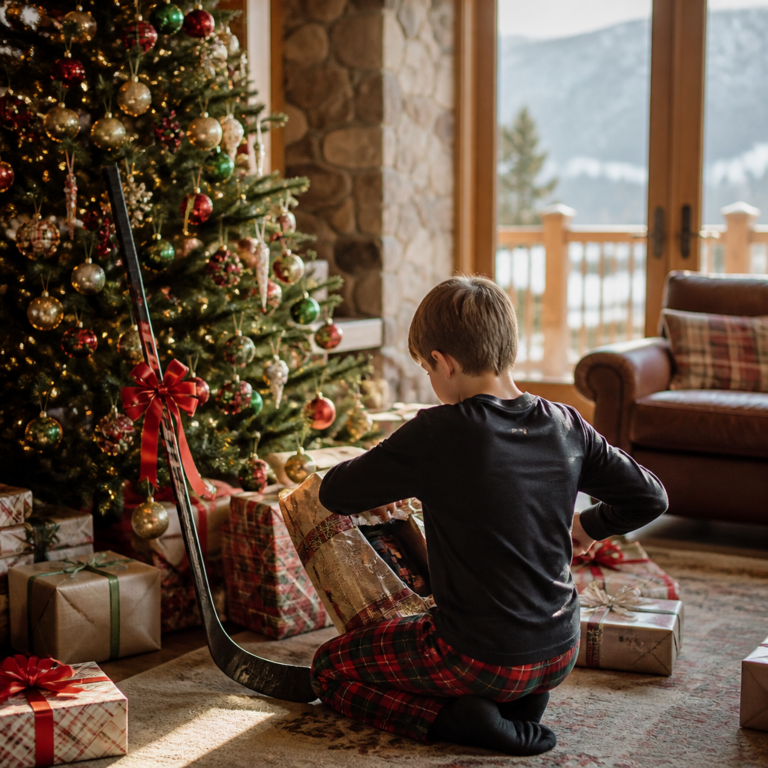 Boy in plaid pajamas opening gifts by the Christmas tree with a hockey stick tied in a bow