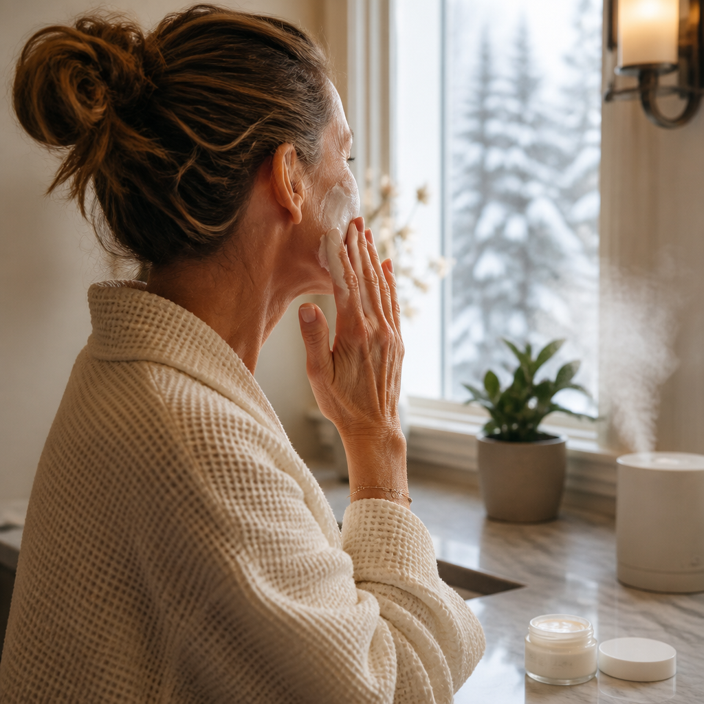 Woman applying rich face cream in a cozy bathroom with a snowy window