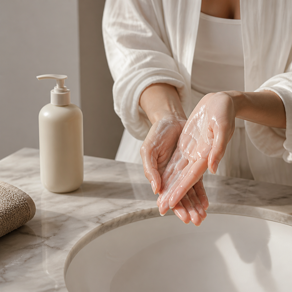 Hands working a milky cream cleanser over a white sink