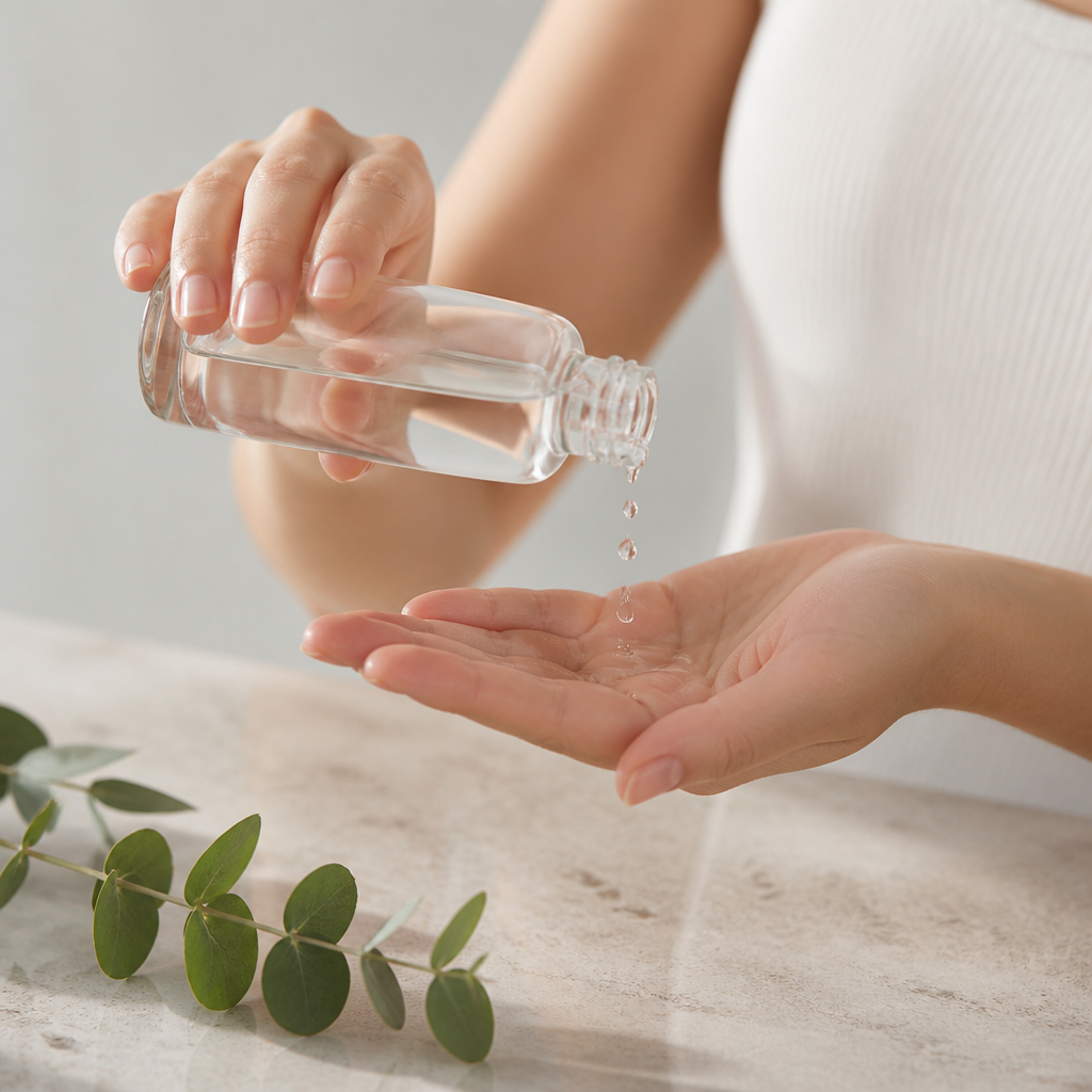 Hydrating toner essence poured into a cupped palm