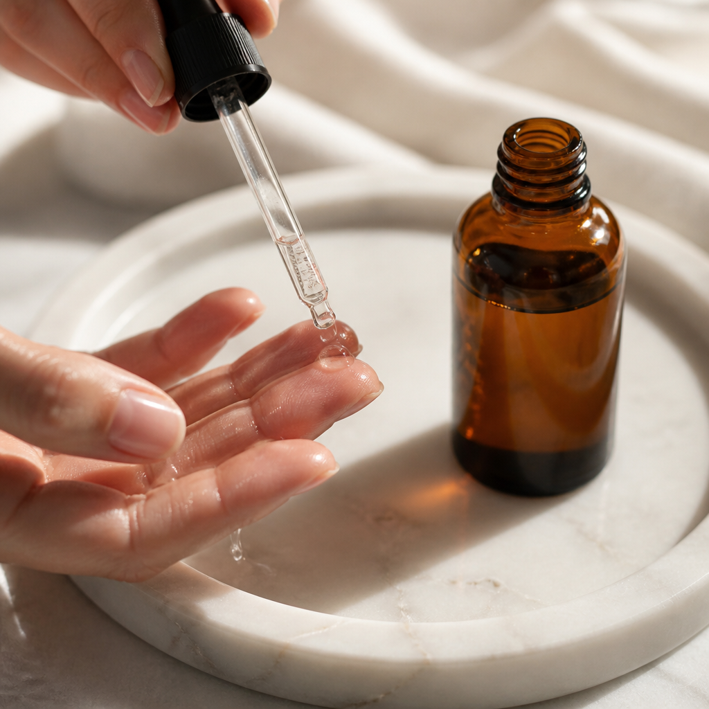 Dropper releasing clear hyaluronic acid serum onto fingertips