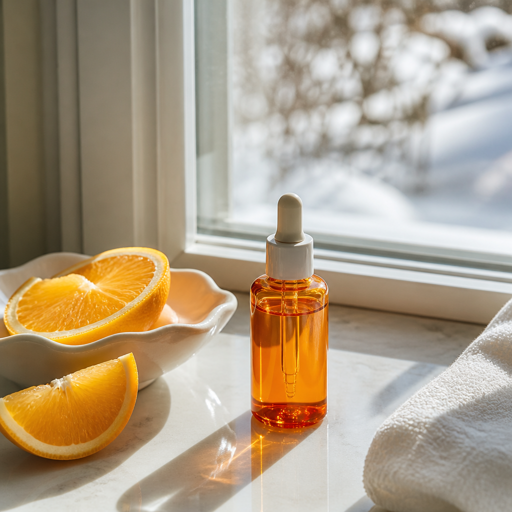 Vitamin C serum bottle with orange slices on a sunny windowsill
