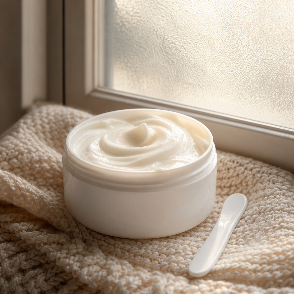Open jar of thick rich ceramide moisturizer on a knit towel