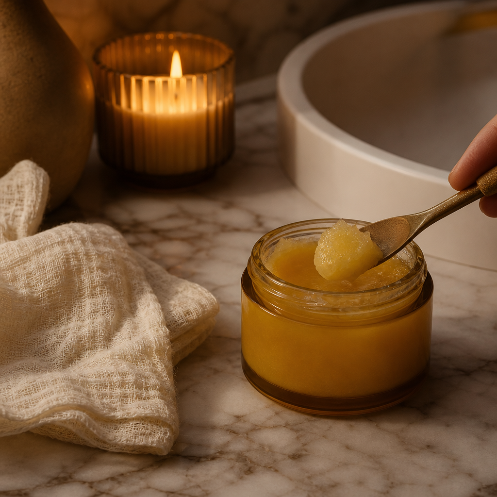 Jar of golden cleansing balm with a spatula and muslin cloth