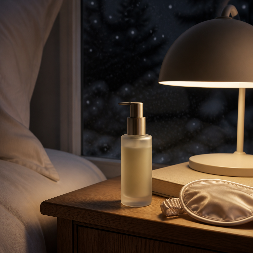 Night serum bottle on a nightstand with a lamp and silk sleep mask