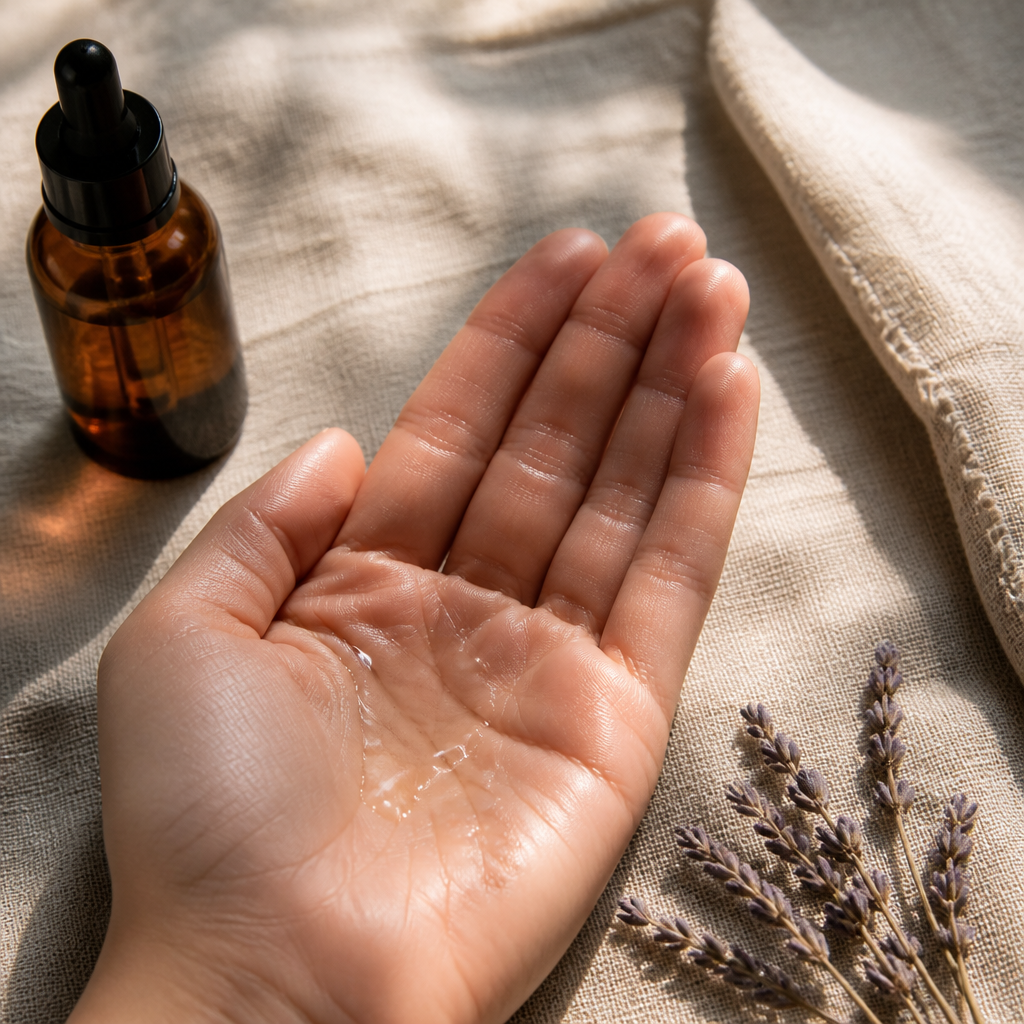 Drops of squalane face oil on a palm with an amber dropper bottle