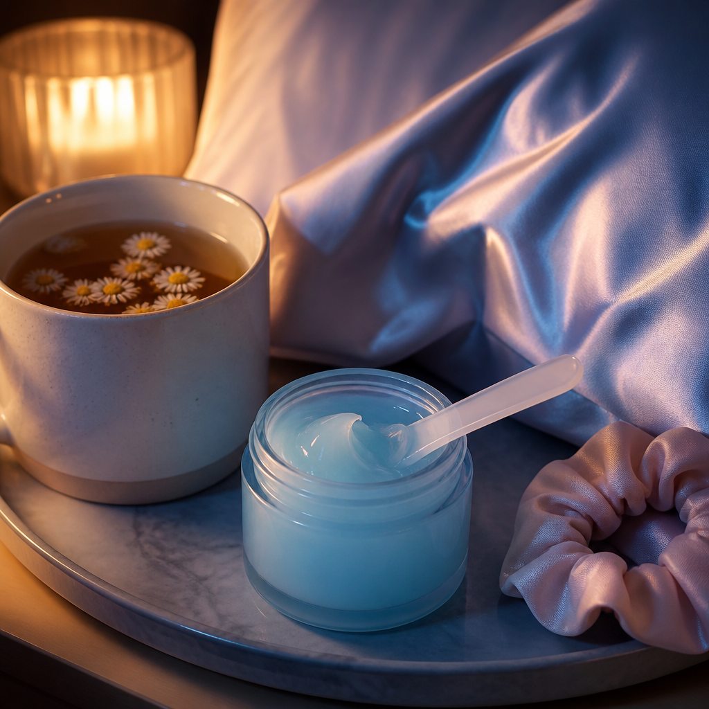 Jar of overnight sleeping mask with a silk pillowcase and chamomile tea