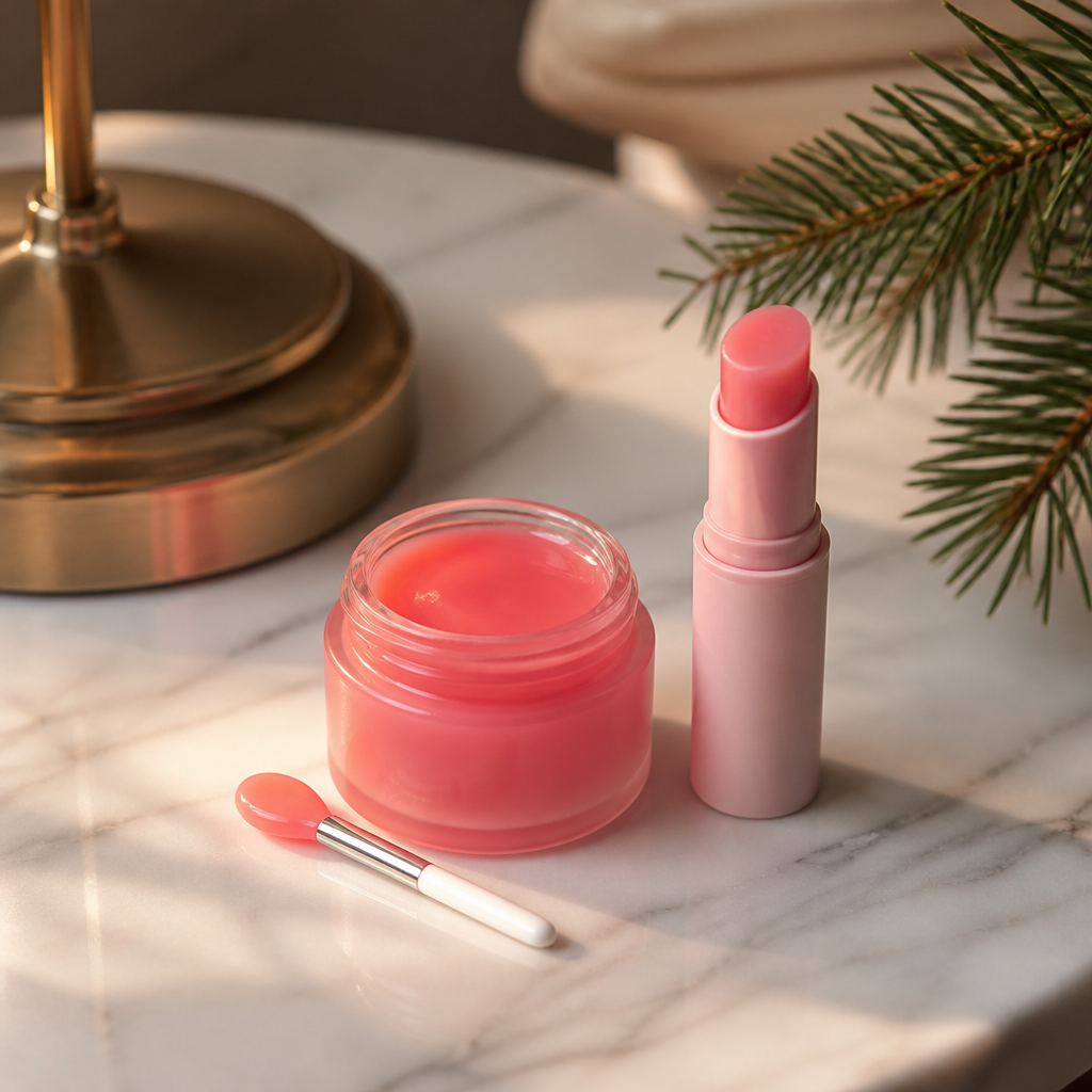 Pink lip sleeping mask pot and lip balm on a marble nightstand