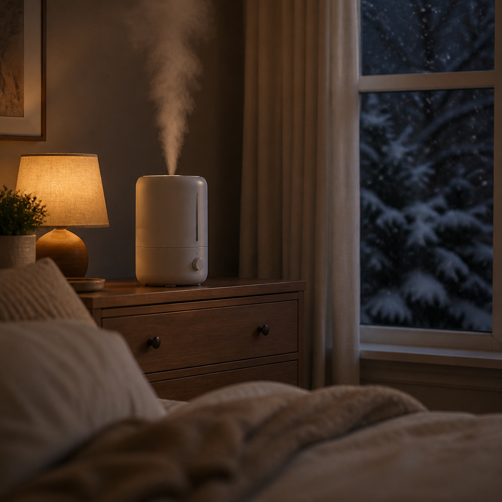 White cool-mist humidifier misting on a bedroom dresser at night