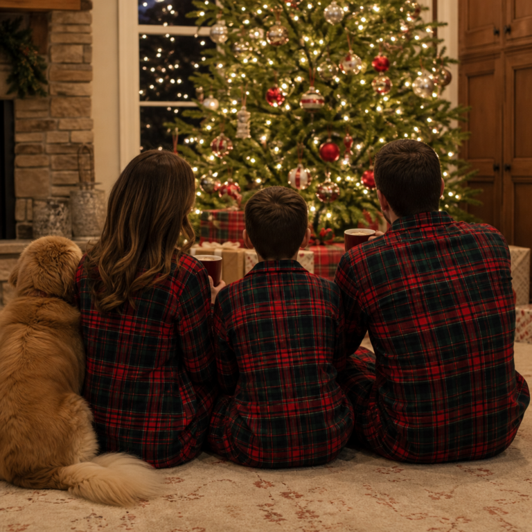 Family in matching tartan Christmas pajamas by the tree on Christmas morning