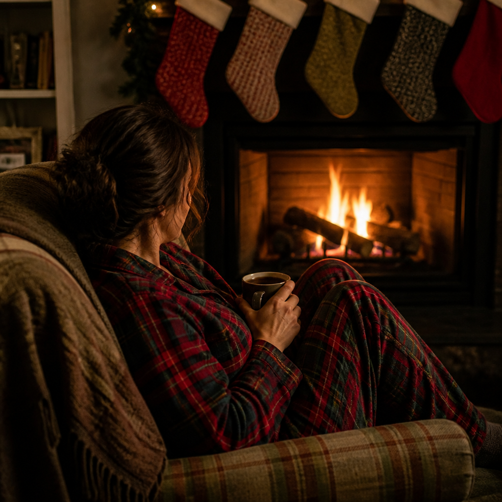 Woman in a red and green plaid flannel pajama set by the fireplace