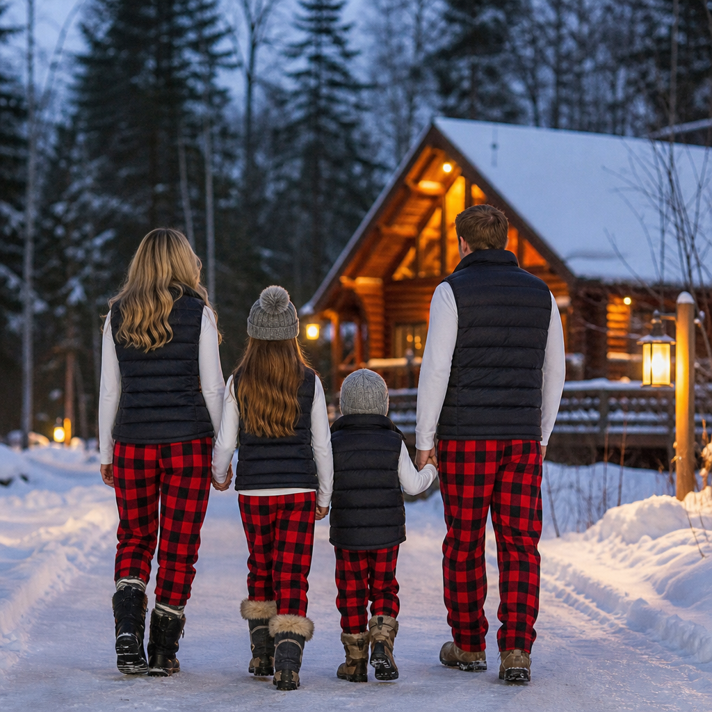 Family in matching red buffalo-check pajamas walking toward a snowy cabin