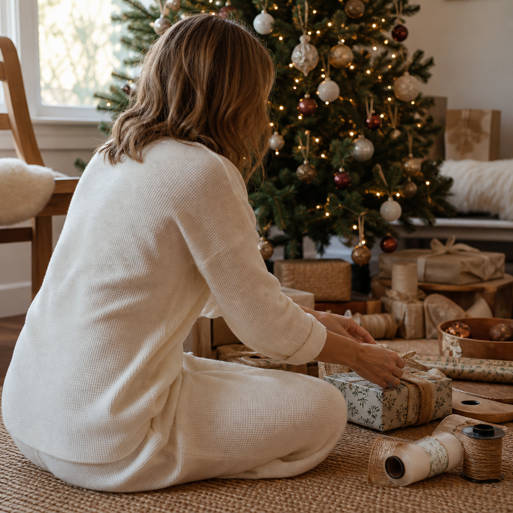 Woman in a cream waffle-knit lounge set wrapping presents by the tree