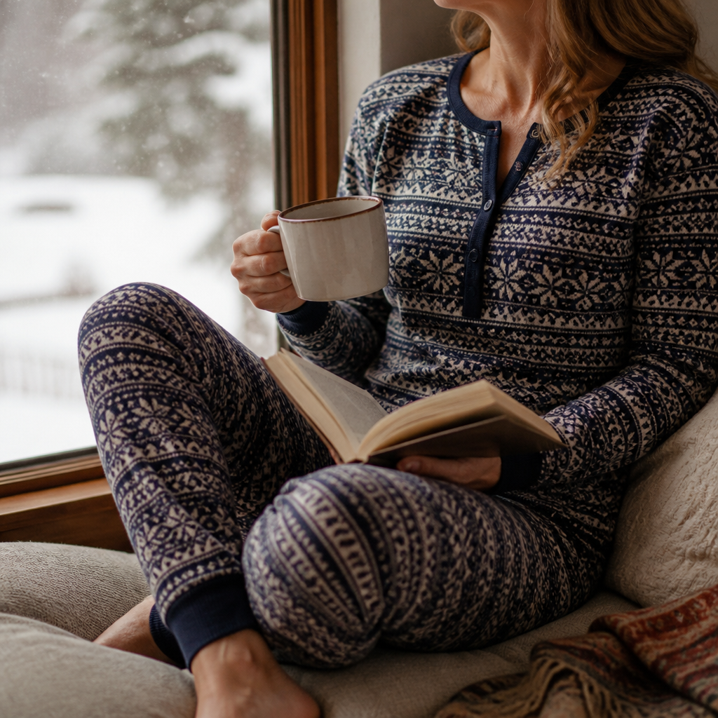 Woman in a navy and cream Fair Isle thermal pajama set on a snowy window seat