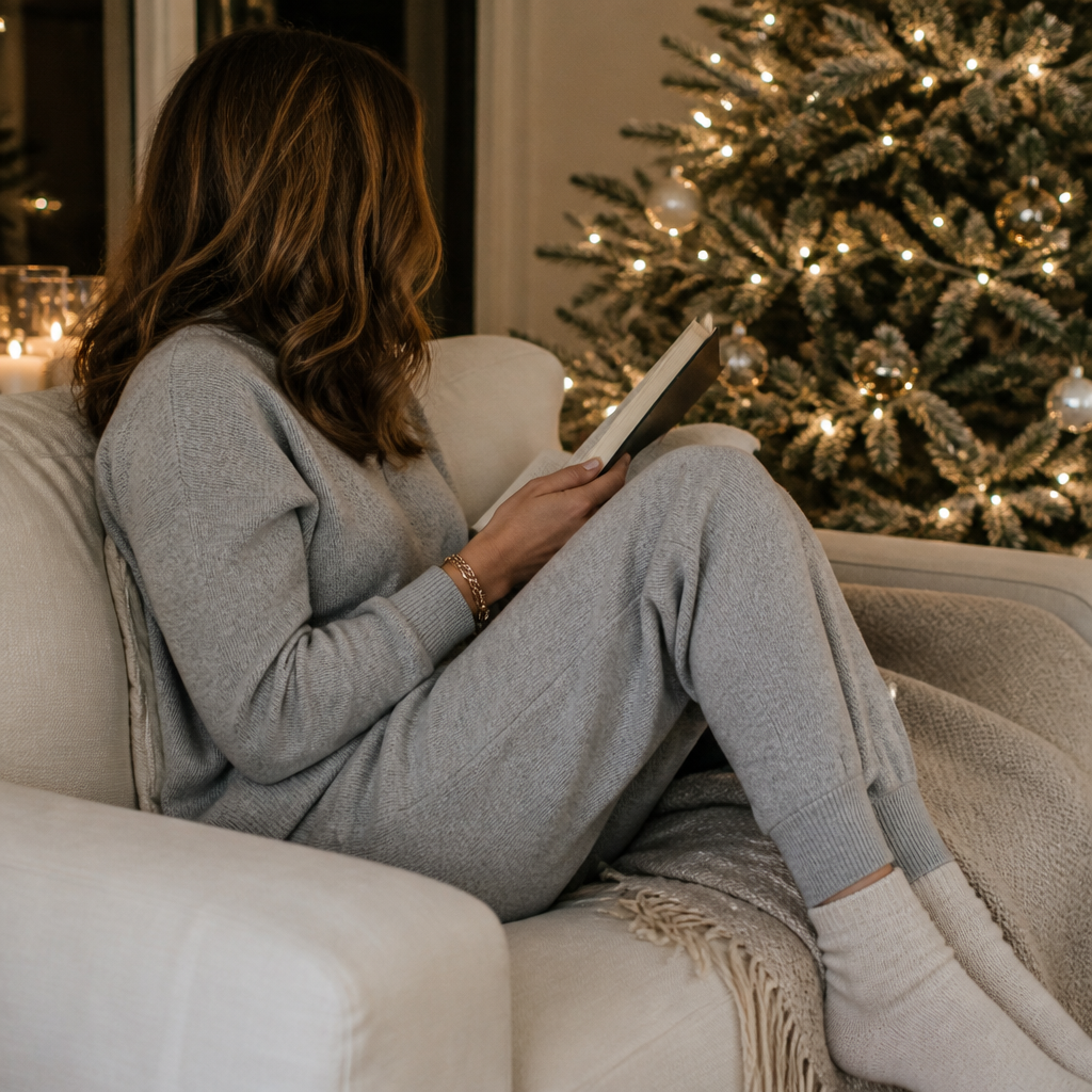 Woman in a gray cashmere-blend lounge set on a sofa by the Christmas tree