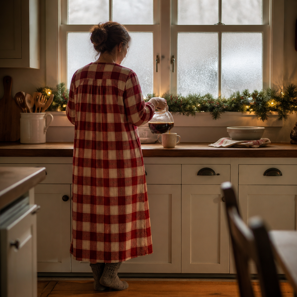 Woman in a red buffalo-check flannel nightgown pouring coffee at a frosted window