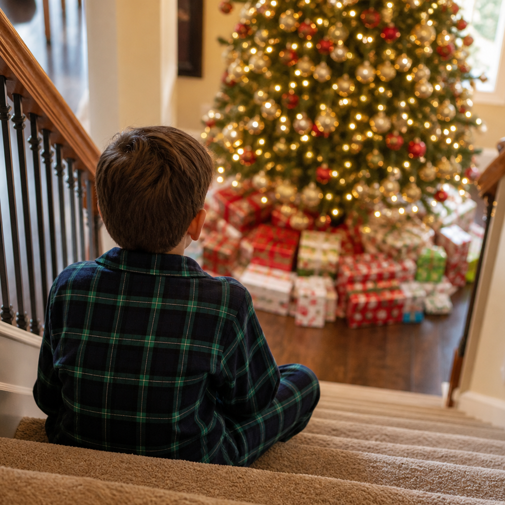 Boy in plaid flannel pajamas on the stairs peeking at Christmas presents